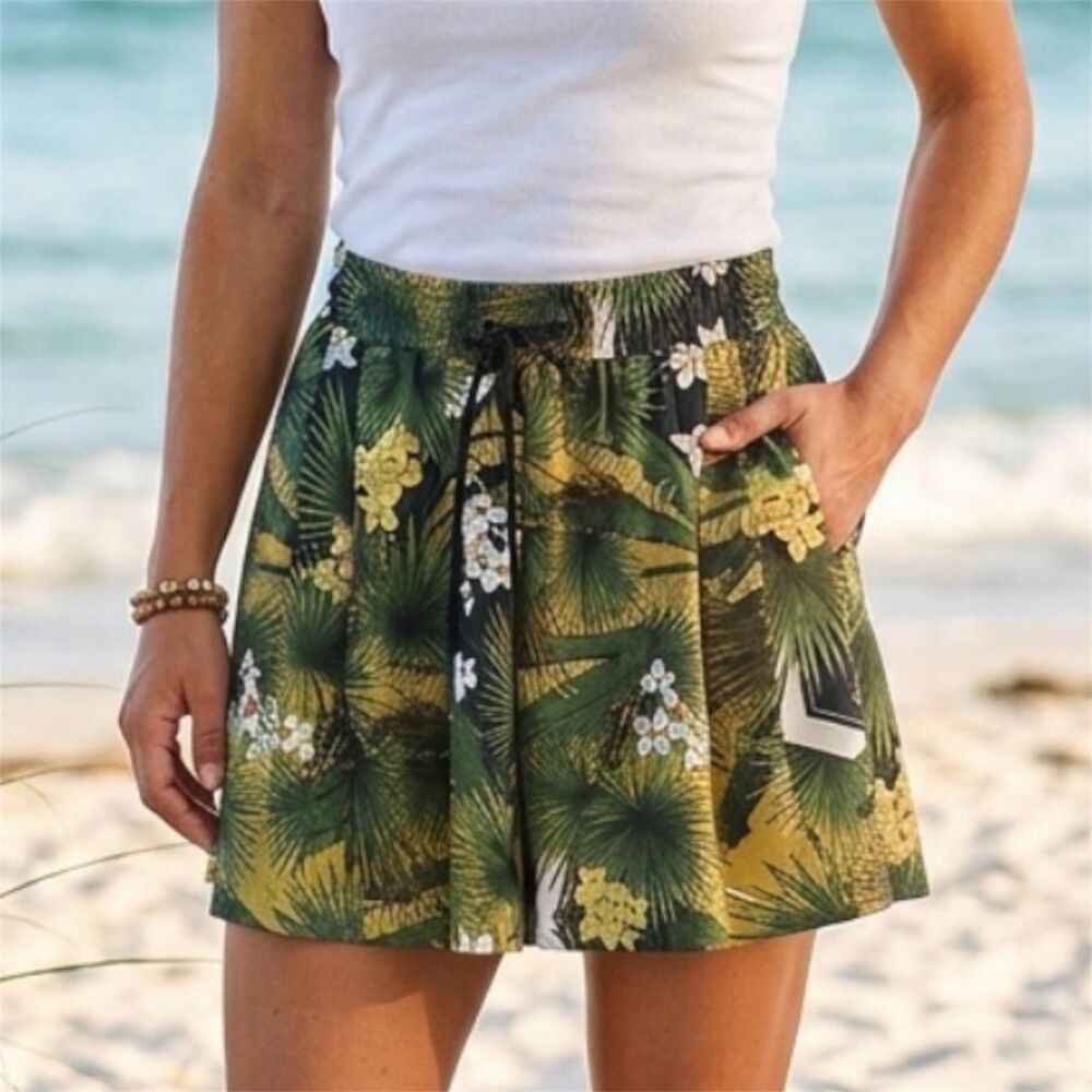 ICEBERG Italy Tropical Palm High Waist Drawstring Shorts Womens Sz IT 38 US S
